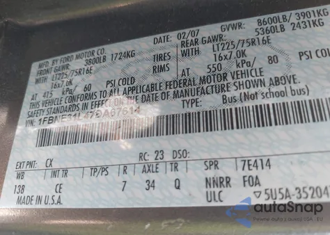 2007 Ford E-350 Super Duty Xl/Xlt из США, поврежденный, VIN 1FBNE31L47DA67614